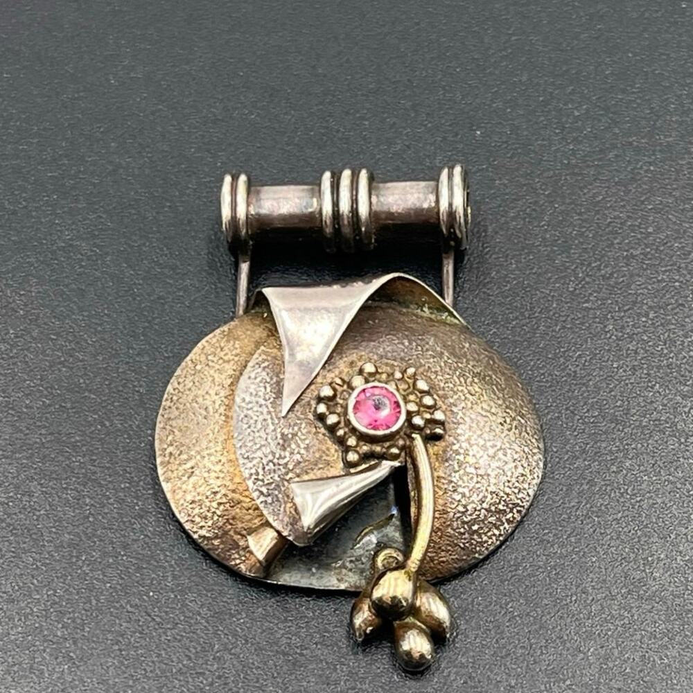 Vintage Sterling silver Amethyst Cabochon‎ Modernist Bronze Textured Pendant